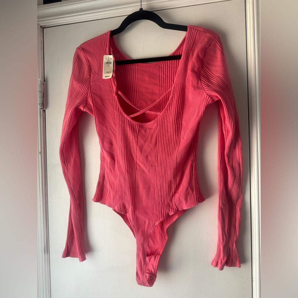 Aerie Ribbed Open Back Long Sleeve Bodysuit Coral Pink NWT Size Large